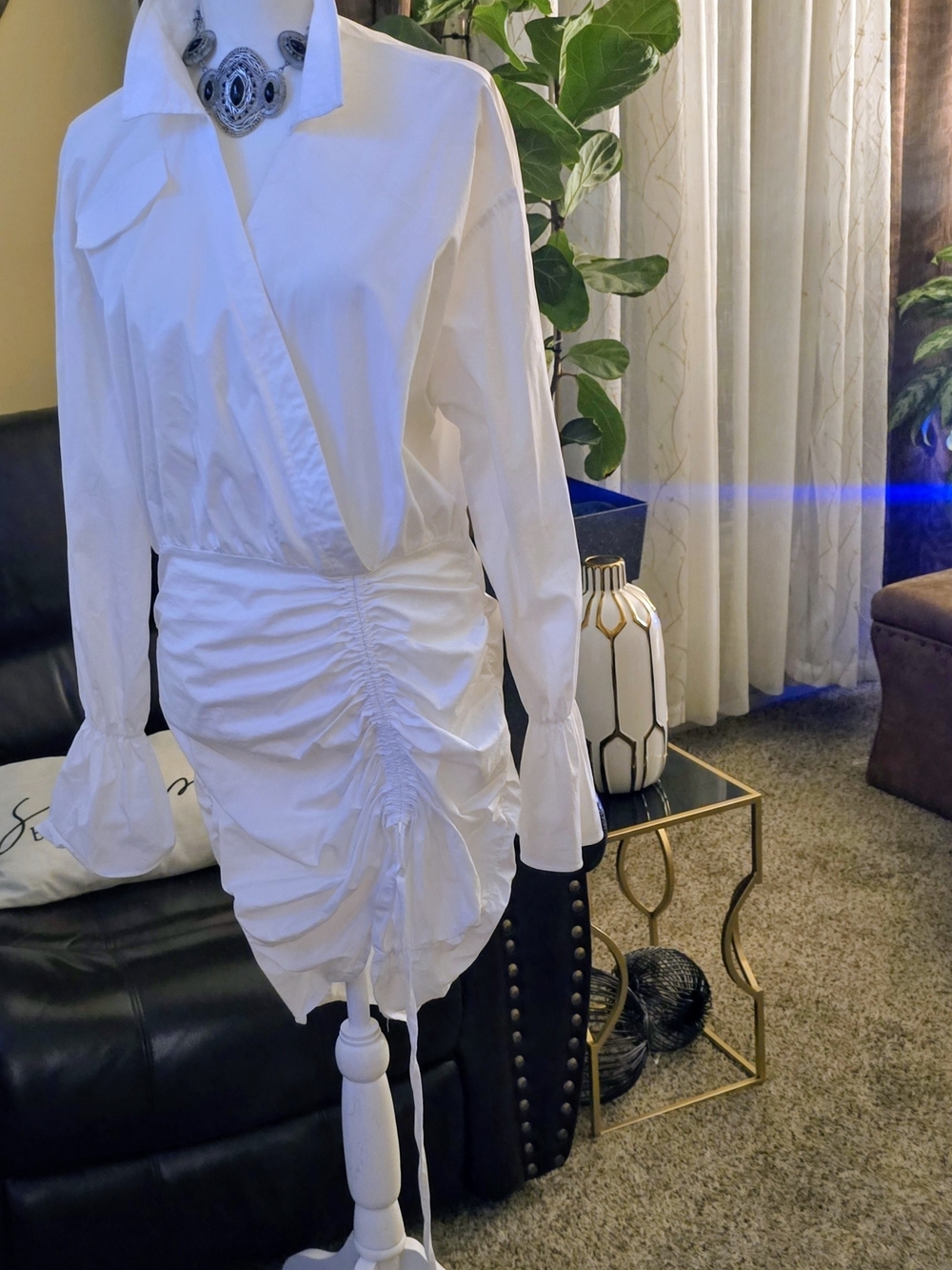 AKIRA White Ruched Wrap Shirt Dress